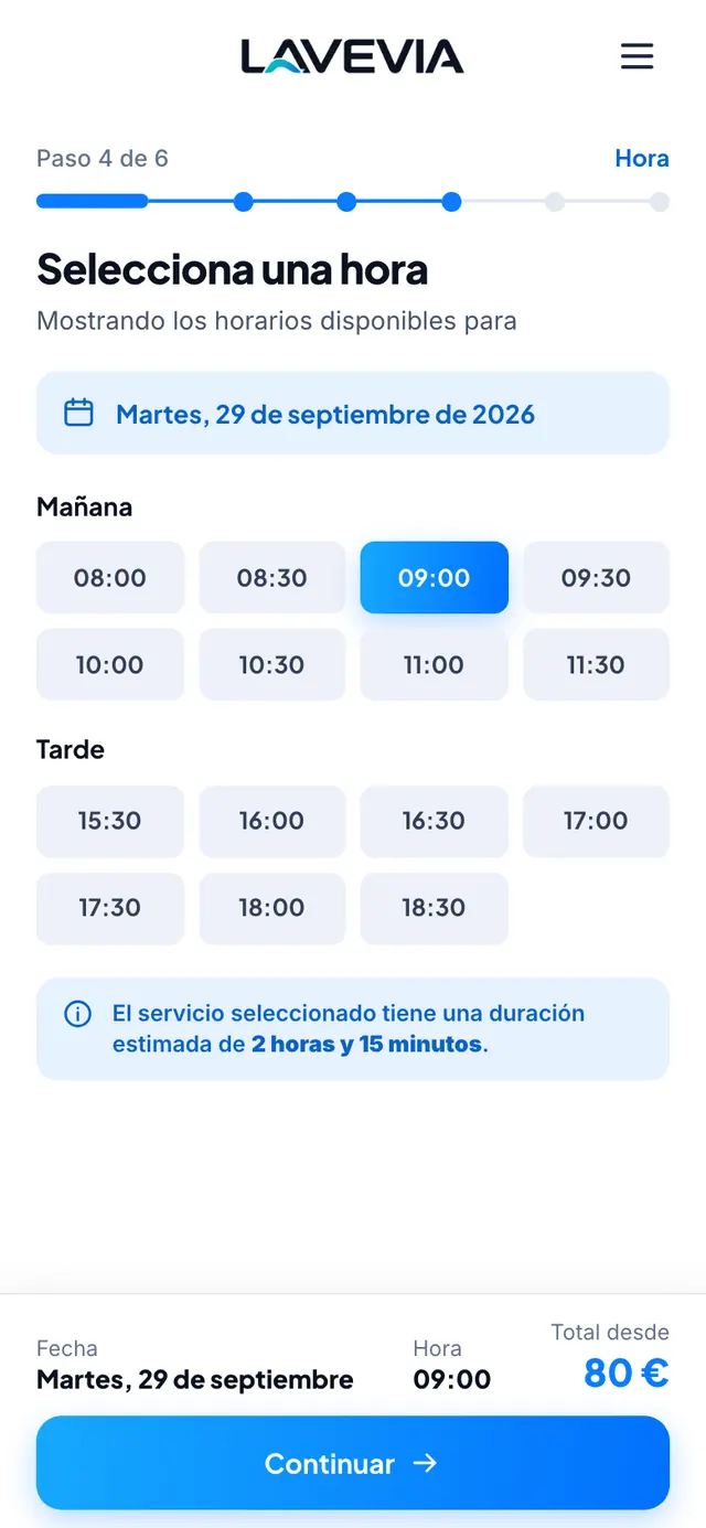 Pantalla de Lavevia: selección de hora con franjas de mañana y tarde y la duración estimada del servicio.